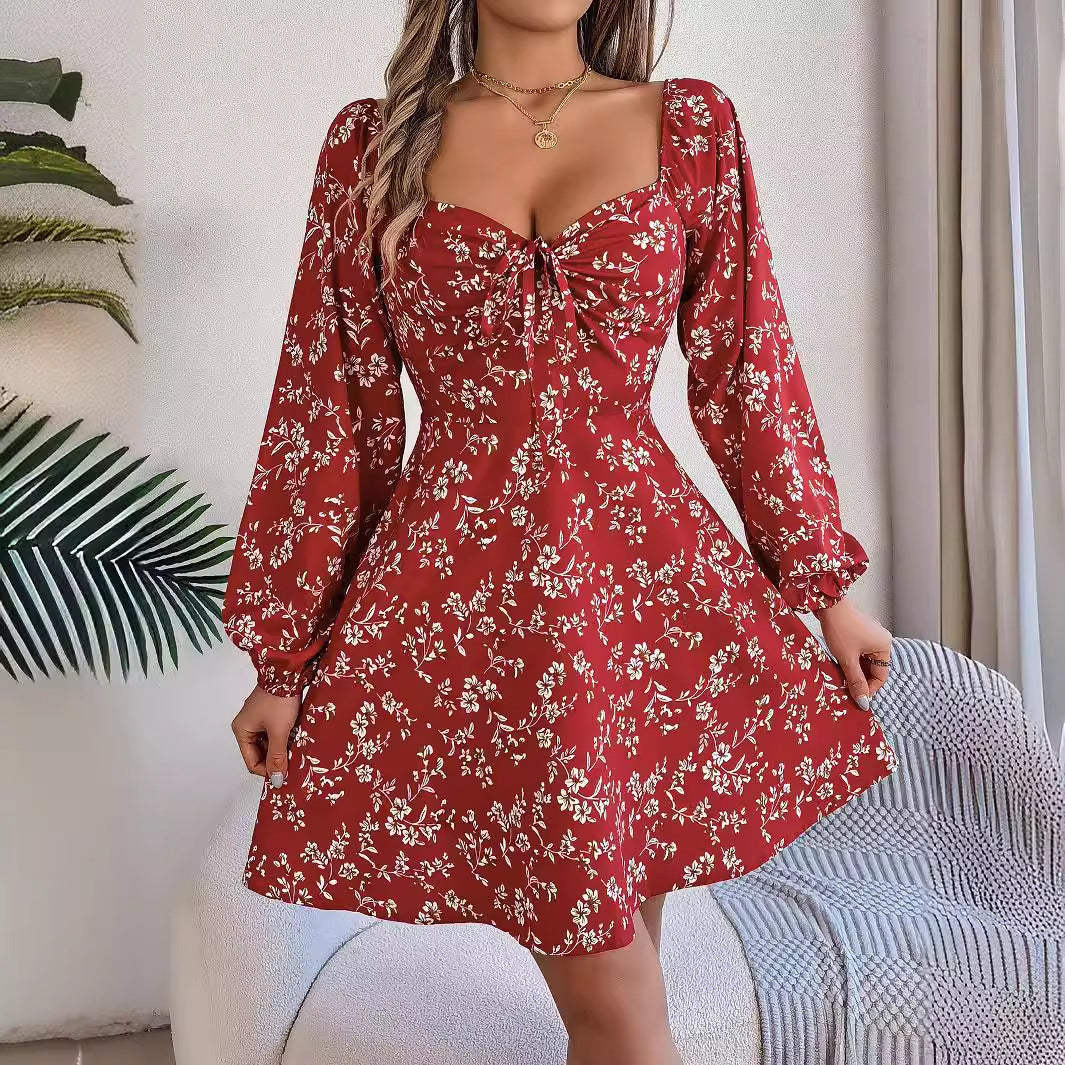 1 Casual Floral Print Lantern Sleeve Dress Sexy Tie Square Neck Long Sleeve A-Line Dress Women's Clothing