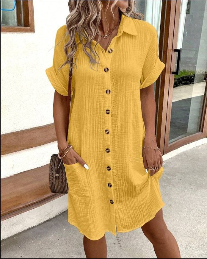 1 Summer Short Sleeve Shirt Dress Fashion Solid Color Single-breasted Mid-length Loose Dress