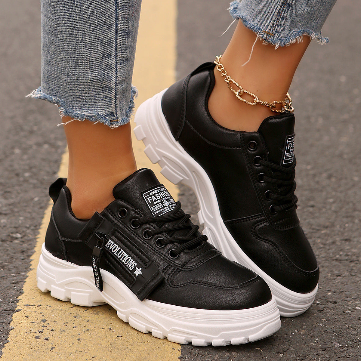 2 Lace-up Sports Shoes With Side-Zipper Design Fashion Thick-soled Round-toe Casual Shoes For Women Sneakers