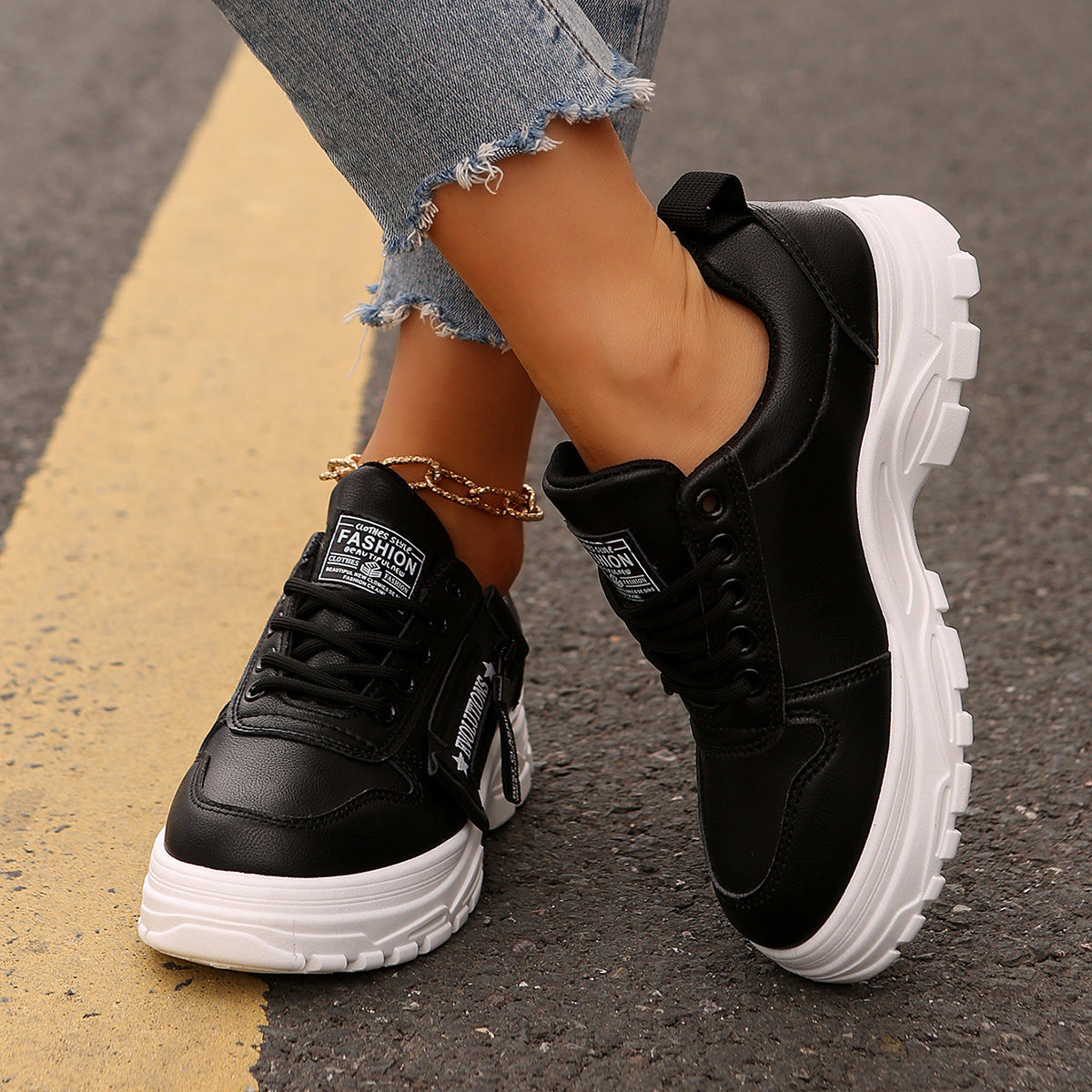 2 Lace-up Sports Shoes With Side-Zipper Design Fashion Thick-soled Round-toe Casual Shoes For Women Sneakers