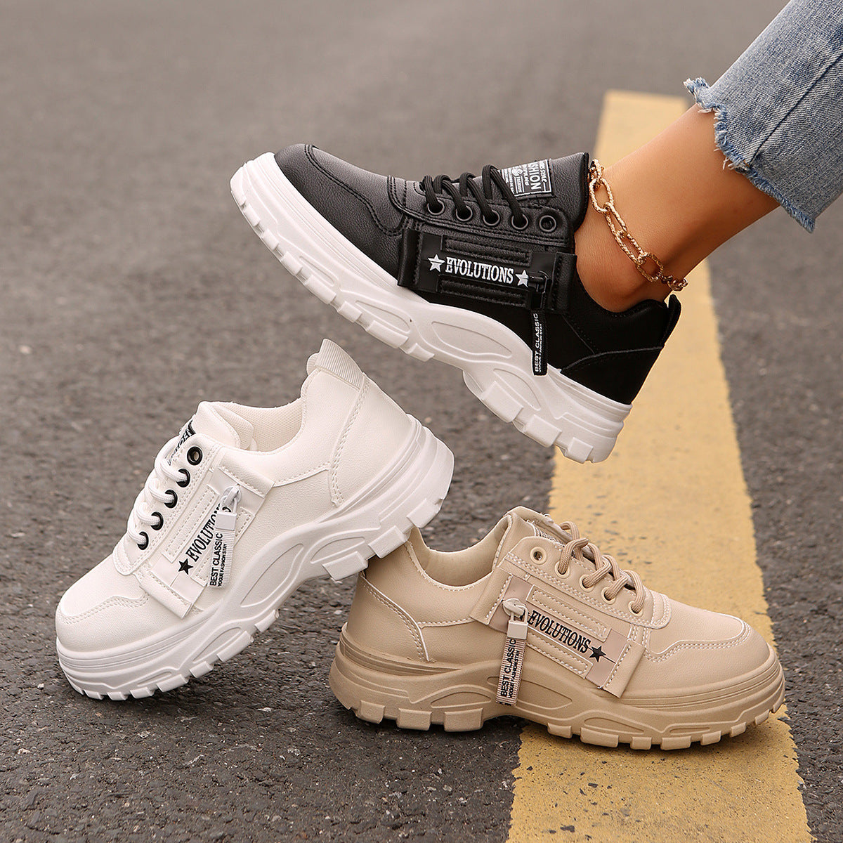 2 Lace-up Sports Shoes With Side-Zipper Design Fashion Thick-soled Round-toe Casual Shoes For Women Sneakers