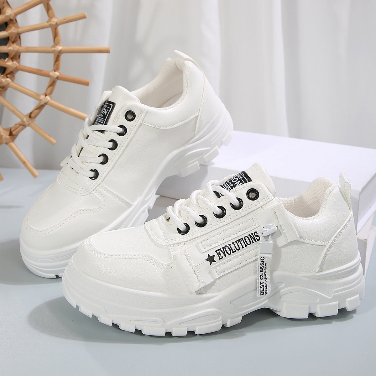 2 Lace-up Sports Shoes With Side-Zipper Design Fashion Thick-soled Round-toe Casual Shoes For Women Sneakers