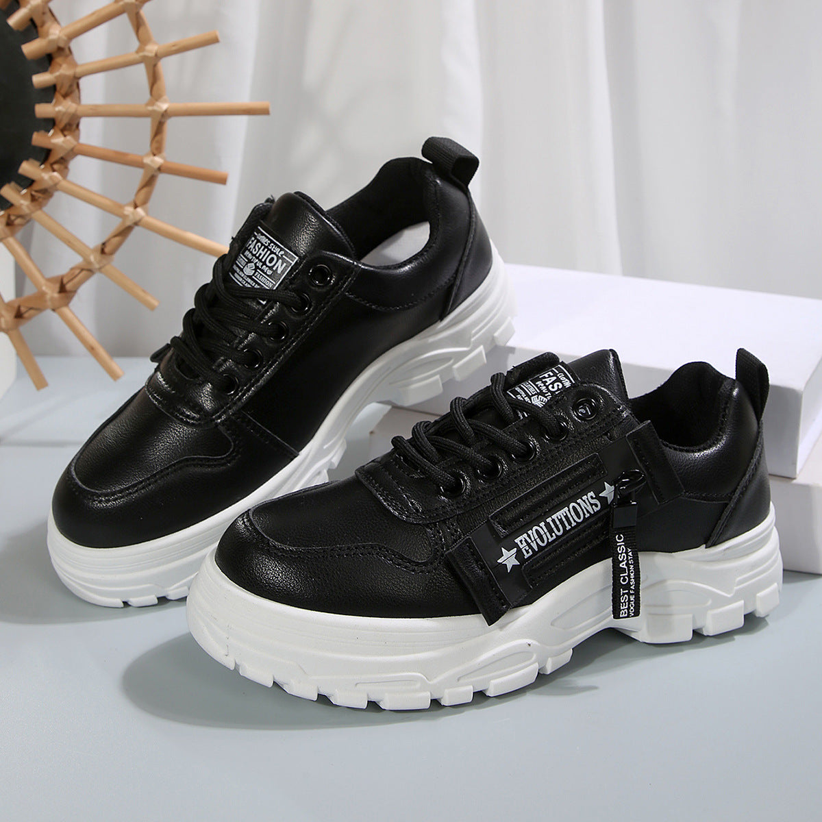 2 Lace-up Sports Shoes With Side-Zipper Design Fashion Thick-soled Round-toe Casual Shoes For Women Sneakers