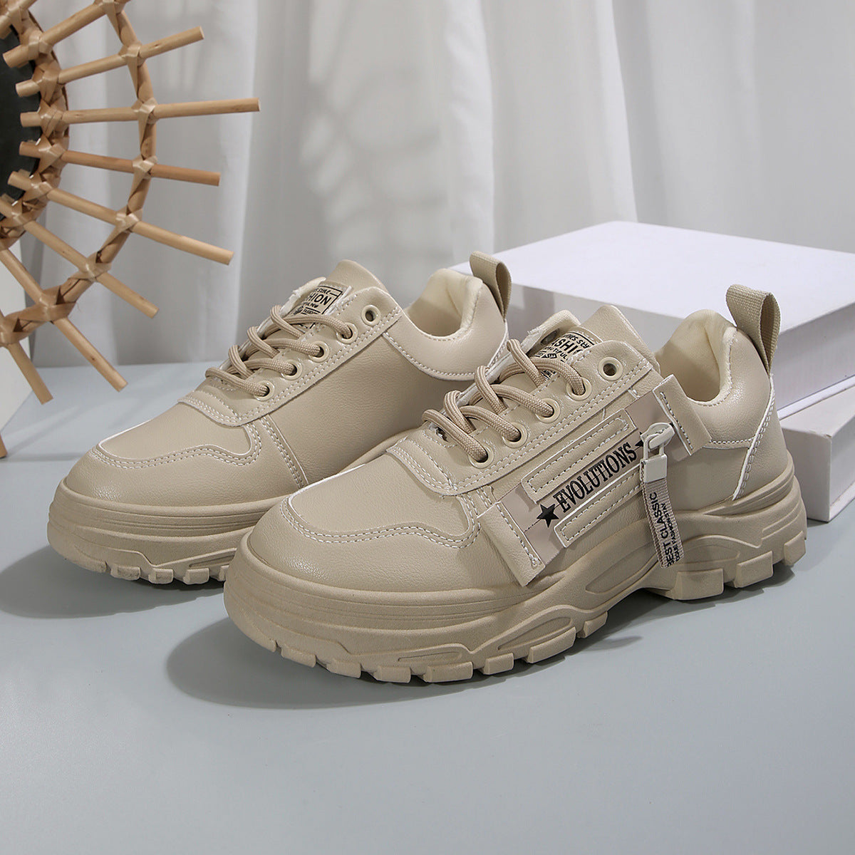 2 Lace-up Sports Shoes With Side-Zipper Design Fashion Thick-soled Round-toe Casual Shoes For Women Sneakers