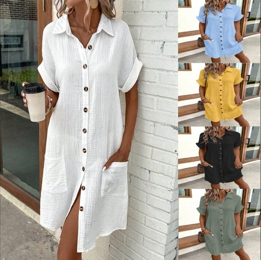 1 Summer Short Sleeve Shirt Dress Fashion Solid Color Single-breasted Mid-length Loose Dress
