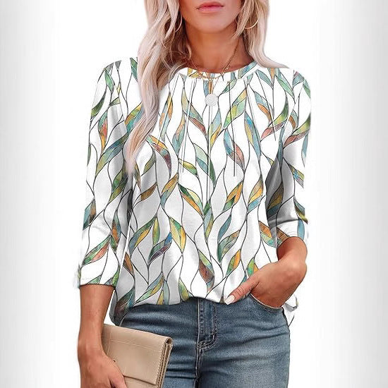Casual Pleated Round Neck Printed Top