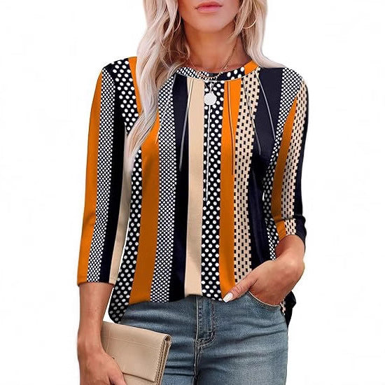 Casual Pleated Round Neck Printed Top