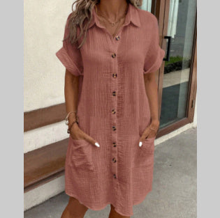 1 Summer Short Sleeve Shirt Dress Fashion Solid Color Single-breasted Mid-length Loose Dress