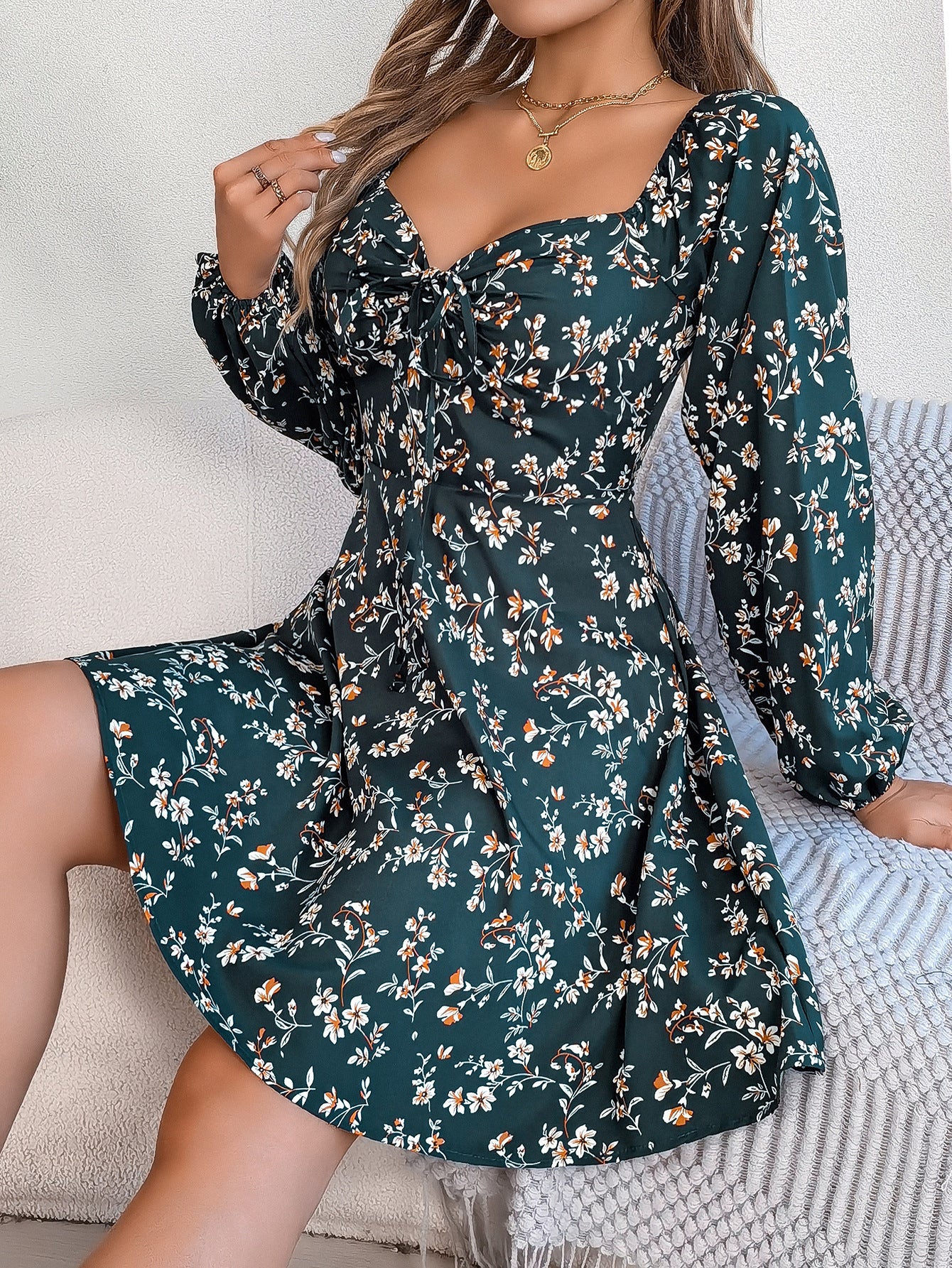 1 Casual Floral Print Lantern Sleeve Dress Sexy Tie Square Neck Long Sleeve A-Line Dress Women's Clothing