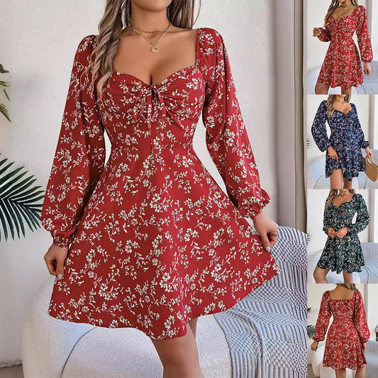 1 Casual Floral Print Lantern Sleeve Dress Sexy Tie Square Neck Long Sleeve A-Line Dress Women's Clothing