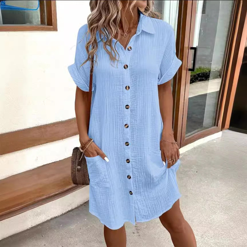 1 Summer Short Sleeve Shirt Dress Fashion Solid Color Single-breasted Mid-length Loose Dress
