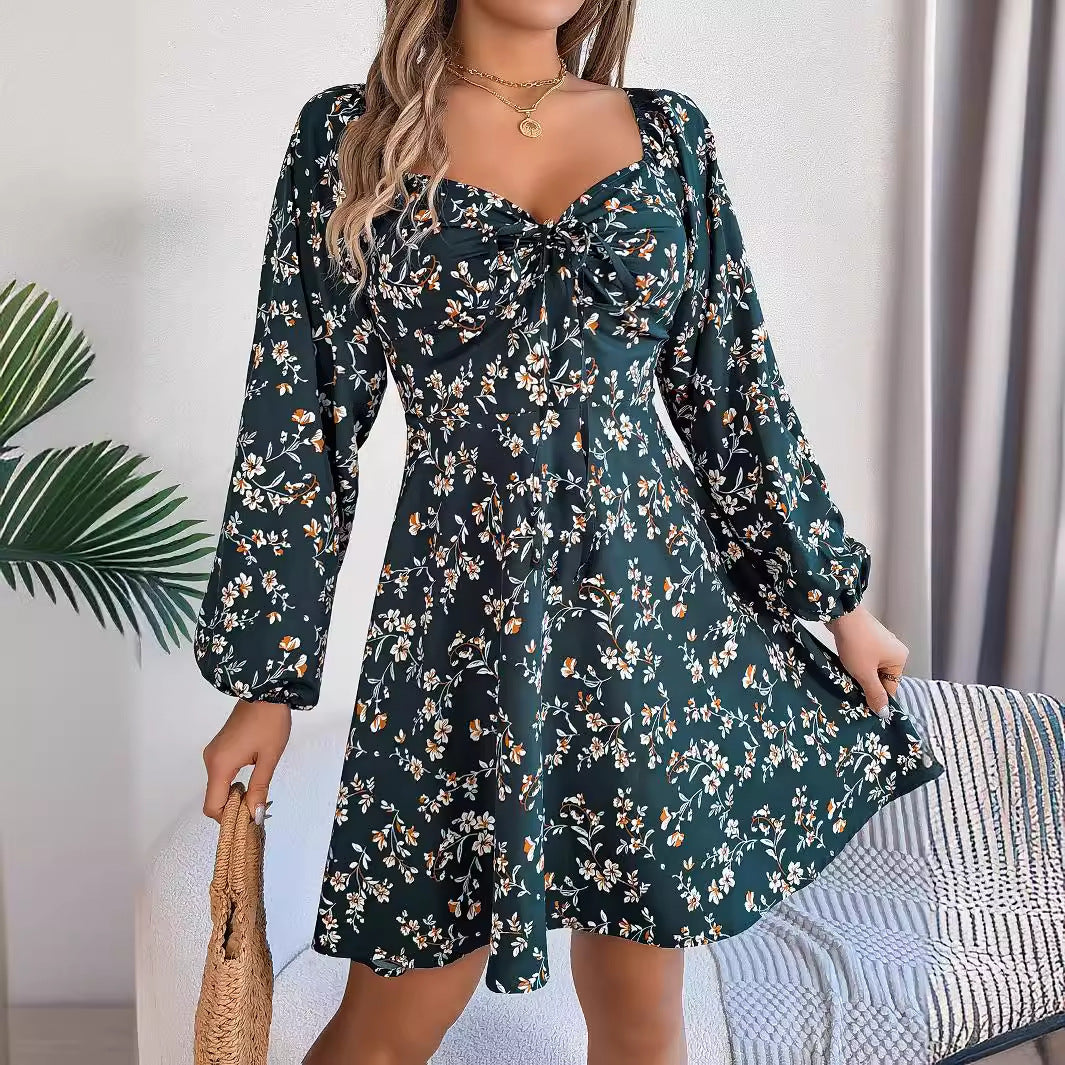 1 Casual Floral Print Lantern Sleeve Dress Sexy Tie Square Neck Long Sleeve A-Line Dress Women's Clothing