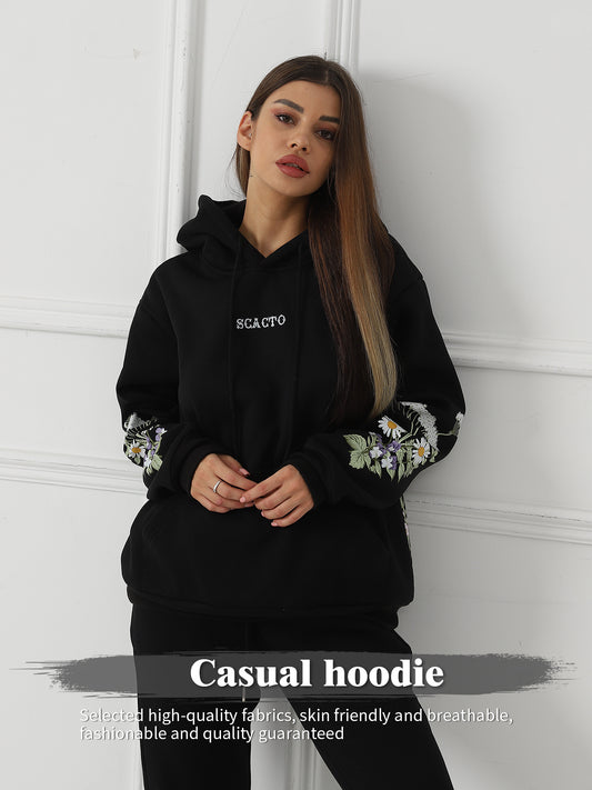a Women's Solid Color Floral Long Sleeved Sweatshirt