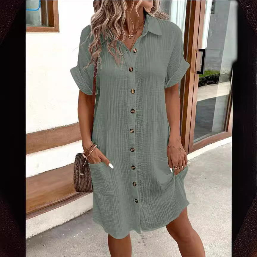 1 Summer Short Sleeve Shirt Dress Fashion Solid Color Single-breasted Mid-length Loose Dress
