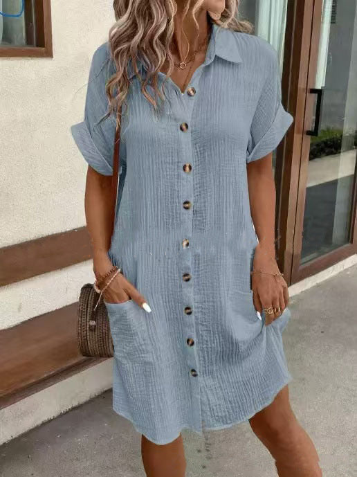 1 Summer Short Sleeve Shirt Dress Fashion Solid Color Single-breasted Mid-length Loose Dress