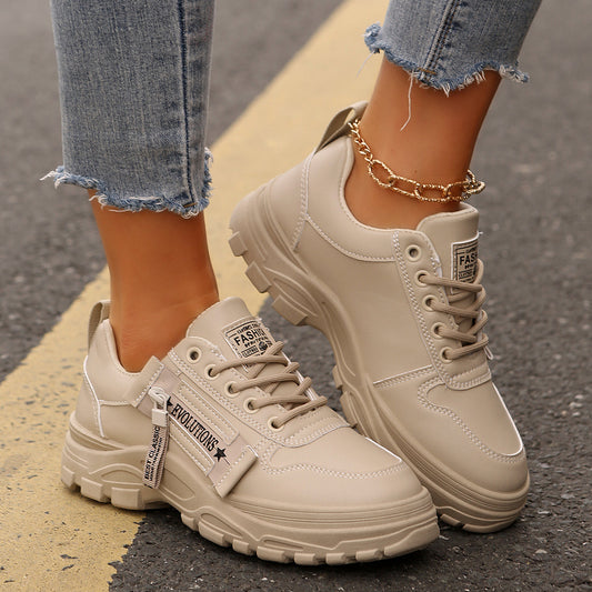 2 Lace-up Sports Shoes With Side-Zipper Design Fashion Thick-soled Round-toe Casual Shoes For Women Sneakers