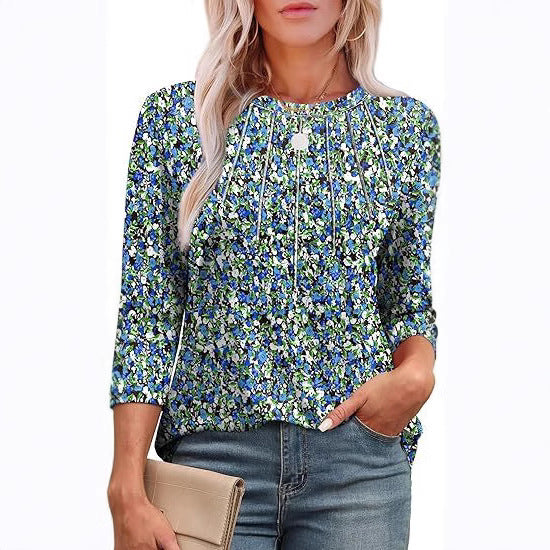Casual Pleated Round Neck Printed Top