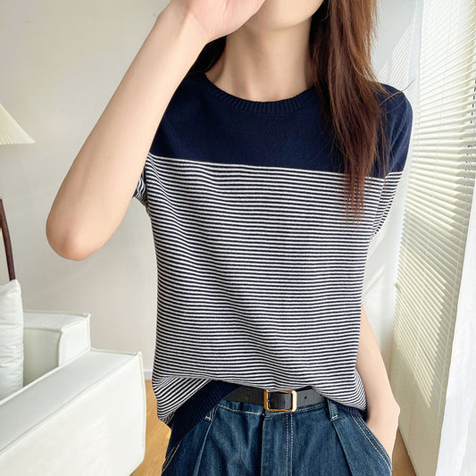 Fashion Striped Cotton Knitted T-shirt For Women