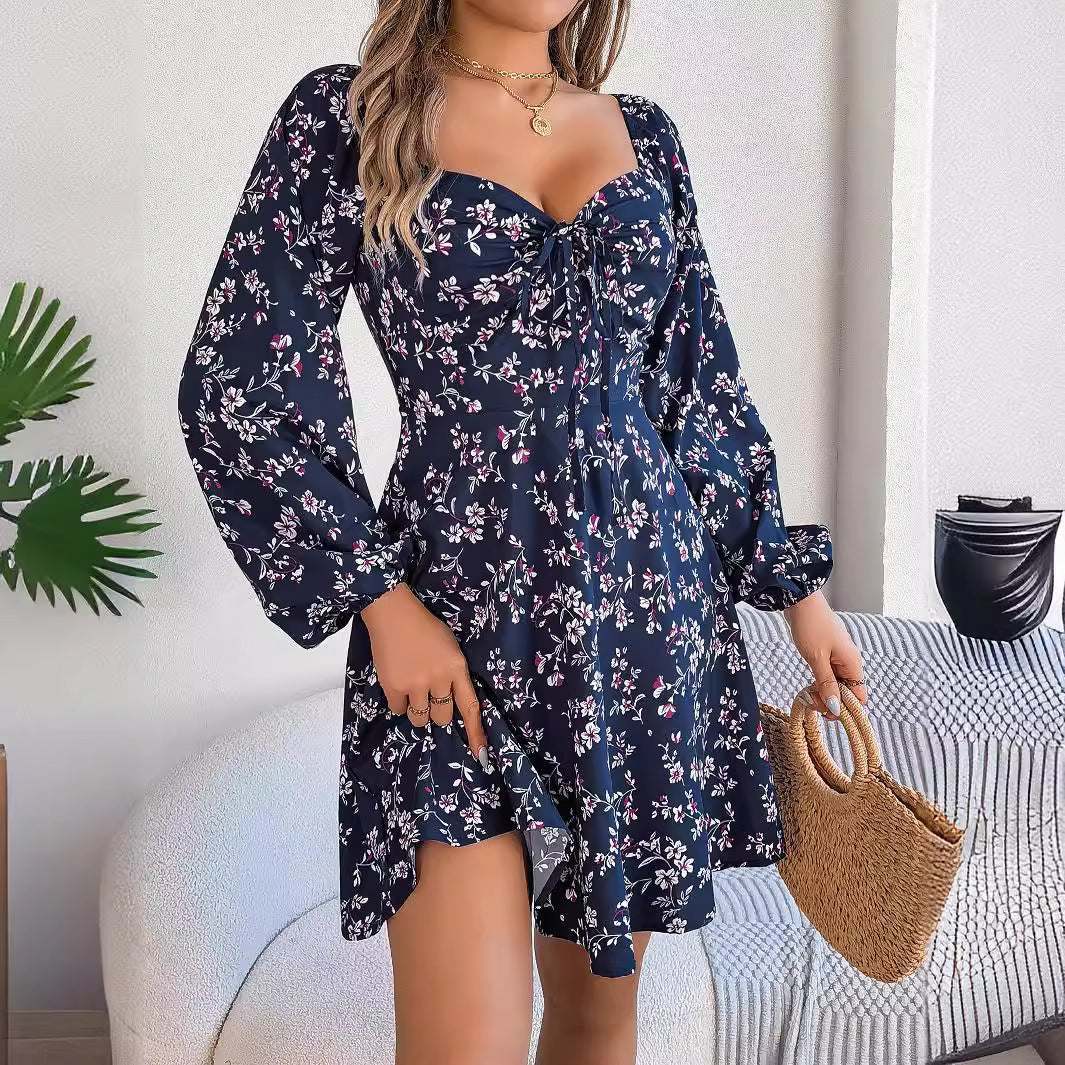 1 Casual Floral Print Lantern Sleeve Dress Sexy Tie Square Neck Long Sleeve A-Line Dress Women's Clothing