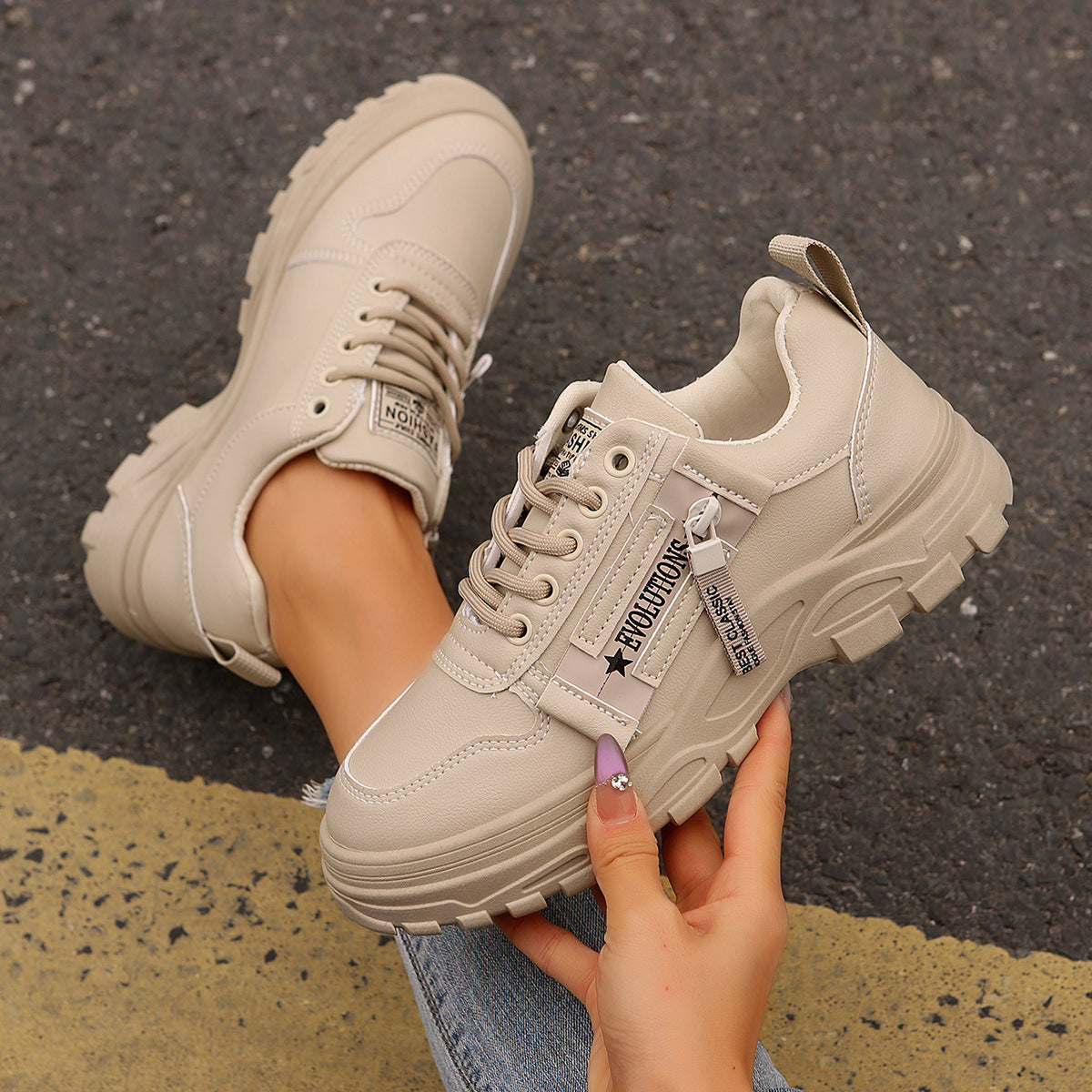 2 Lace-up Sports Shoes With Side-Zipper Design Fashion Thick-soled Round-toe Casual Shoes For Women Sneakers