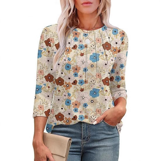 Casual Pleated Round Neck Printed Top